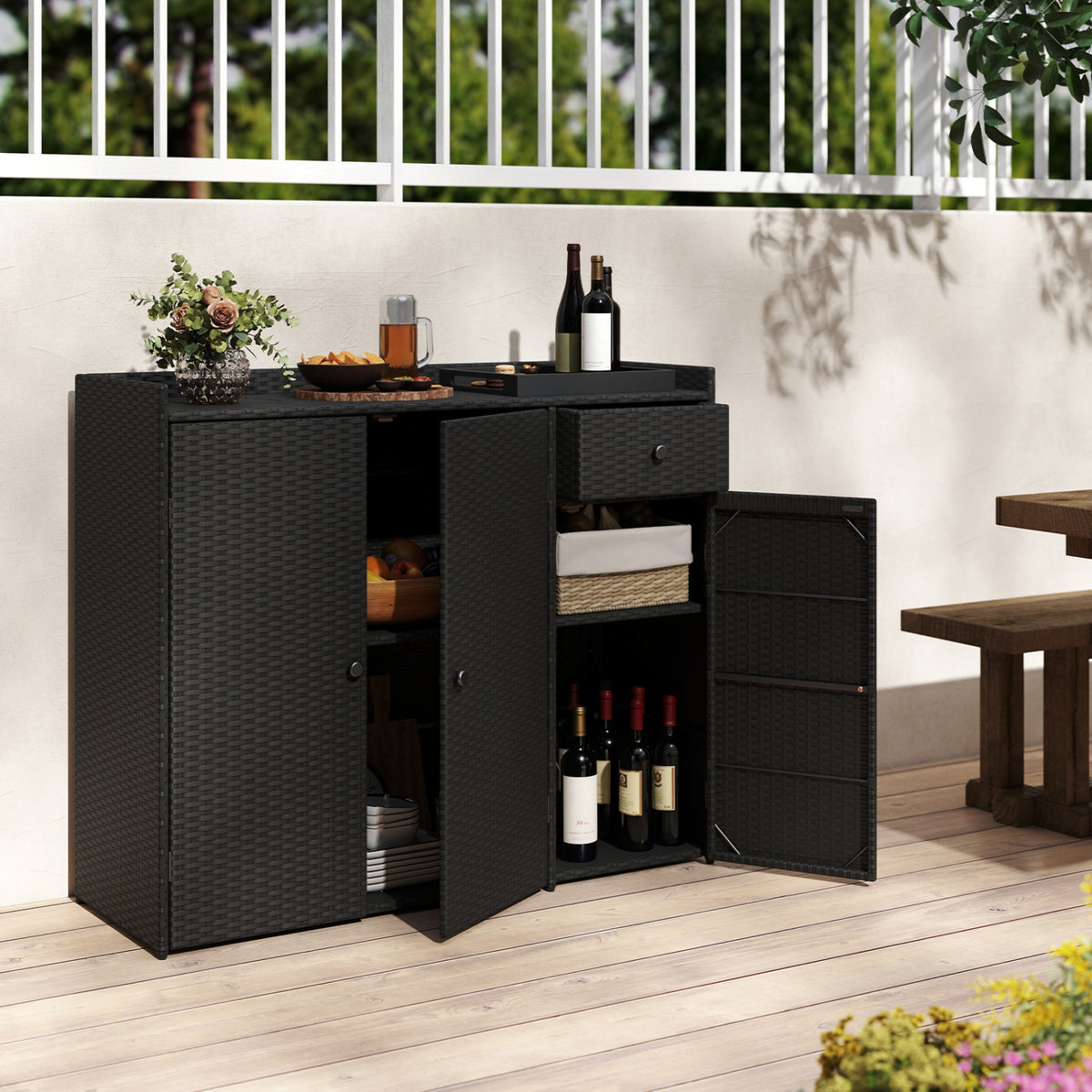 3 Doors Outdoor PE Wicker Storage Cabinet for Deck-Black