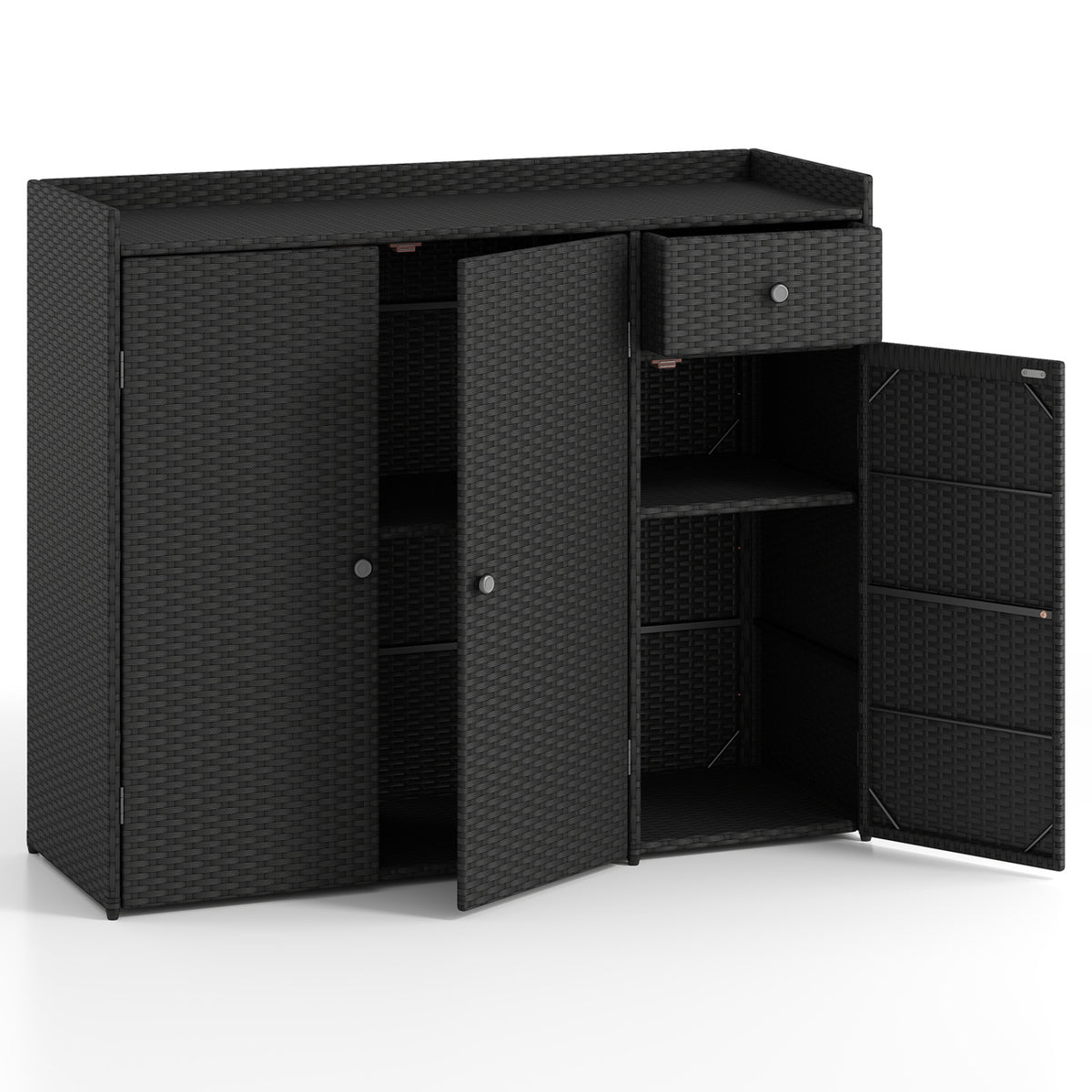 3 Doors Outdoor PE Wicker Storage Cabinet for Deck-Black