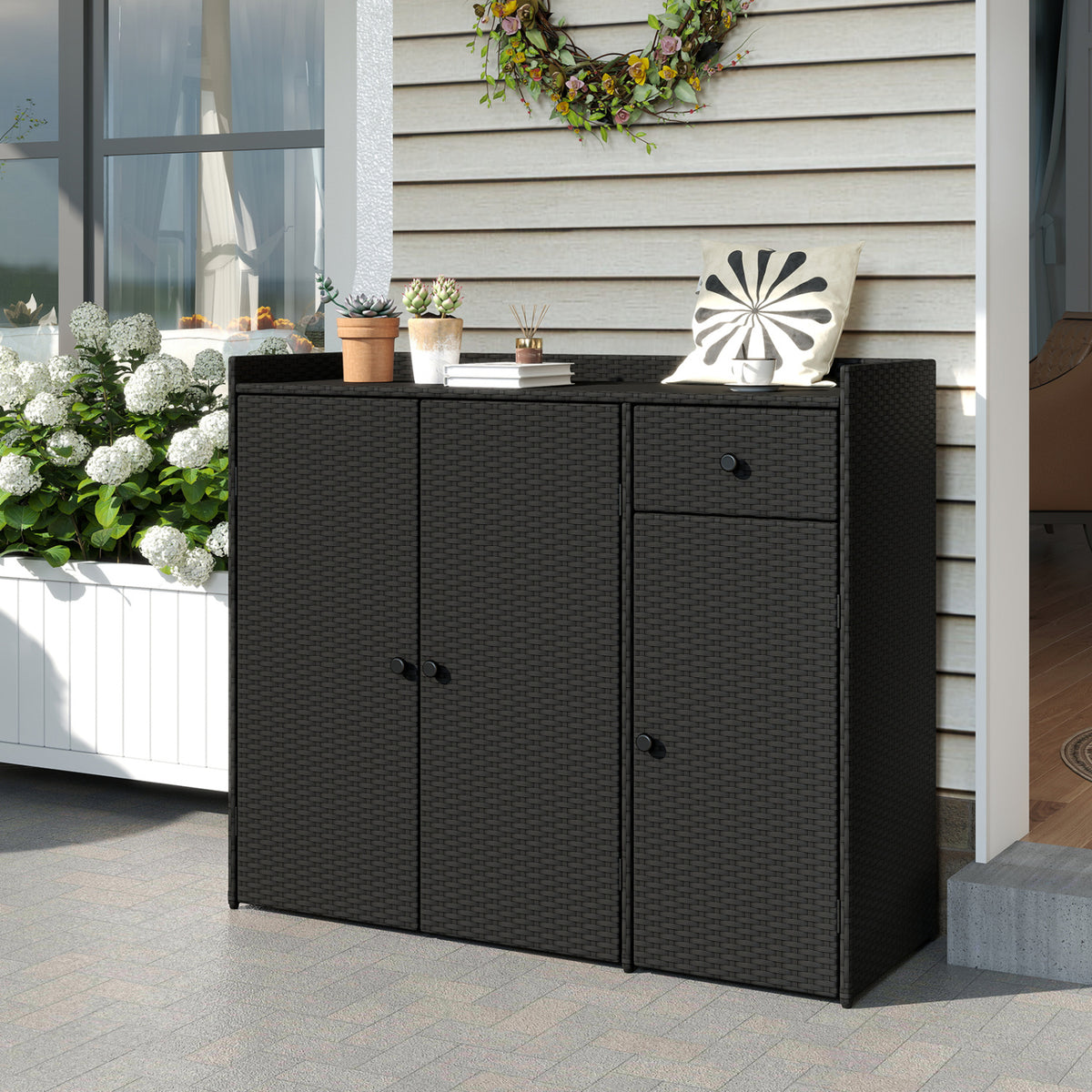 3 Doors Outdoor PE Wicker Storage Cabinet for Deck-Black