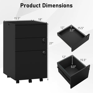 3 Drawer Filing Cabinet Locking Pedestal Desk -Black