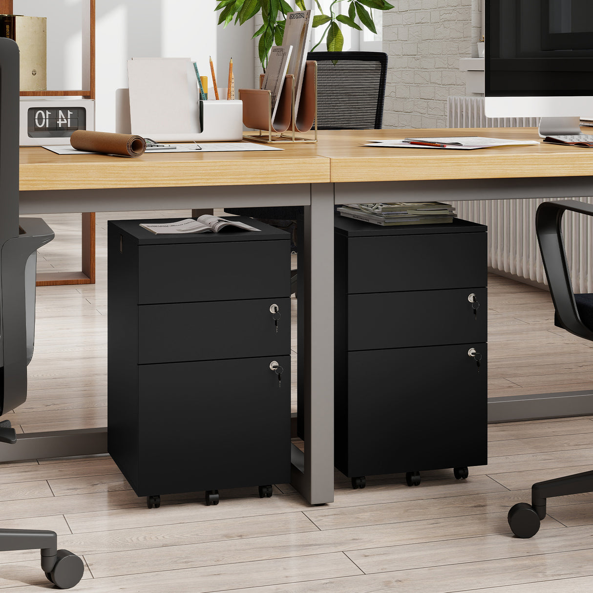 3 Drawer Filing Cabinet Locking Pedestal Desk -Black