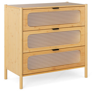 3 Drawer Mid Century Modern Chest of Drawers with Reeded Tempered Glass Front-Natural