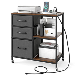 3 Drawer Mobile File Cabinet with Charging Station Rolling Printer Stand with Open Storage Shelves-Brown
