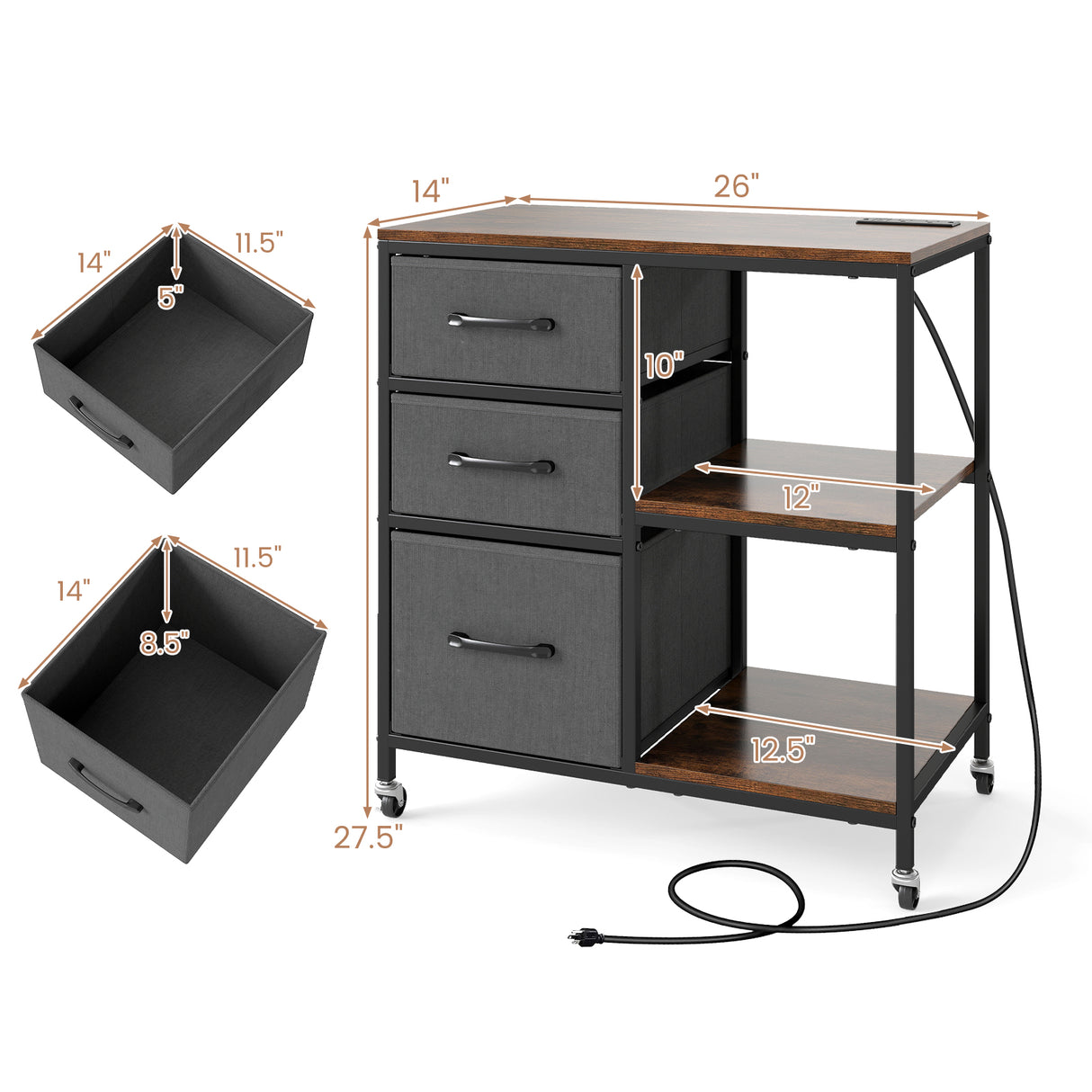 3 Drawer Mobile File Cabinet with Charging Station Rolling Printer Stand with Open Storage Shelves-Brown