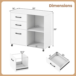 3-Drawer Mobile File Cabinet with Open Storage Shelves and Wheels for Letter A4 Size-White