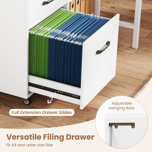 3-Drawer Mobile File Cabinet with Open Storage Shelves and Wheels for Letter A4 Size-White