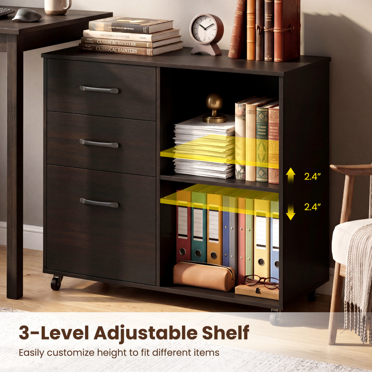 3-Drawer Mobile Lateral File Cabinet Printer Stand-Black