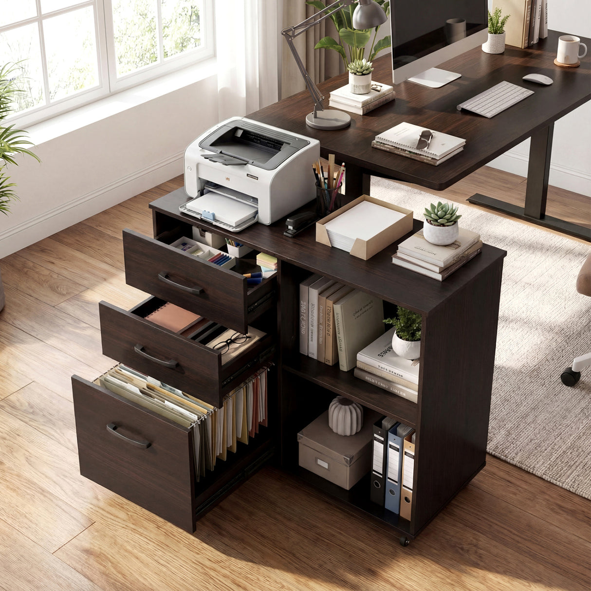 3-Drawer Mobile Lateral File Cabinet Printer Stand-Black