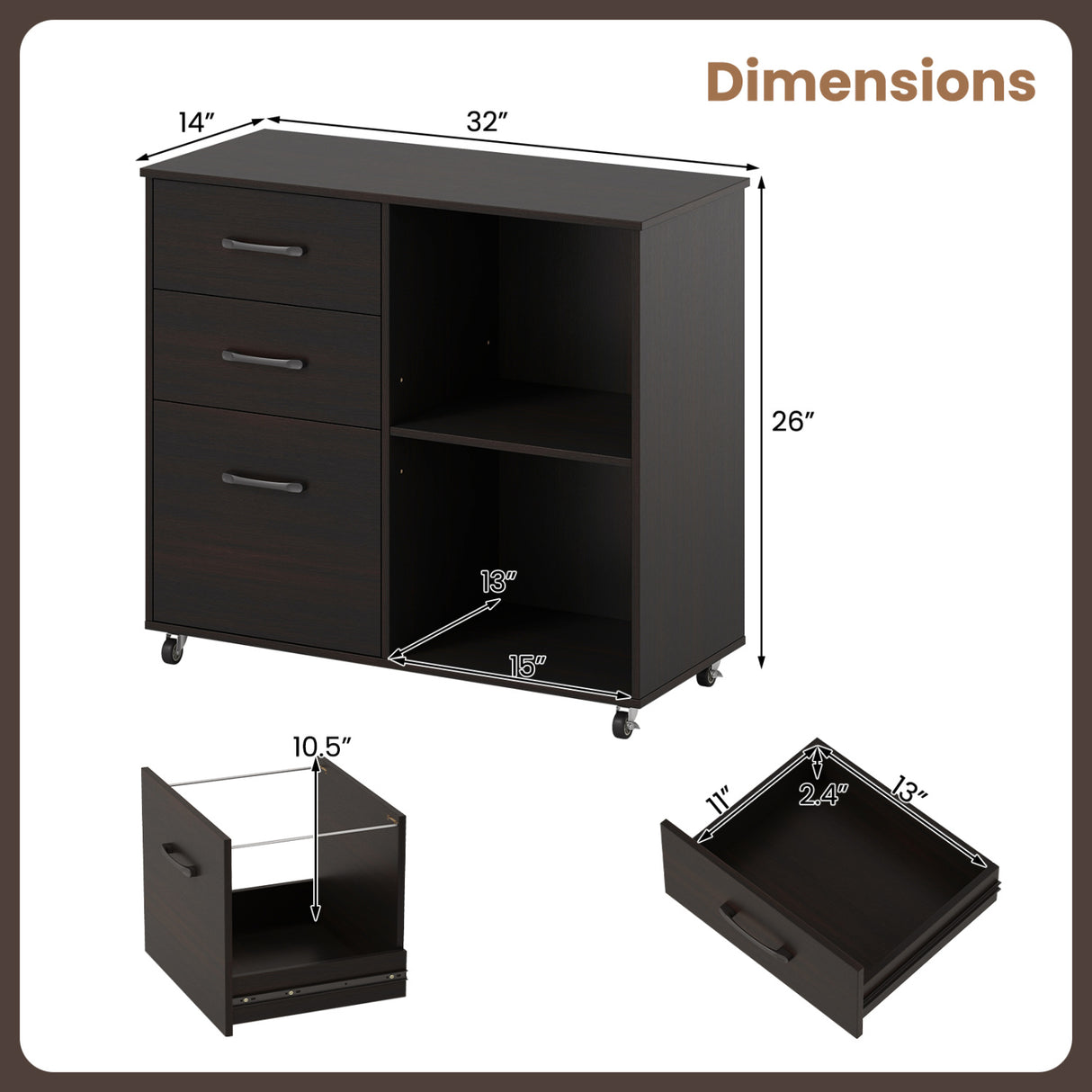 3-Drawer Mobile Lateral File Cabinet Printer Stand-Espresso