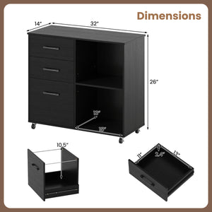3-Drawer Mobile Lateral File Cabinet Printer Stand-Black