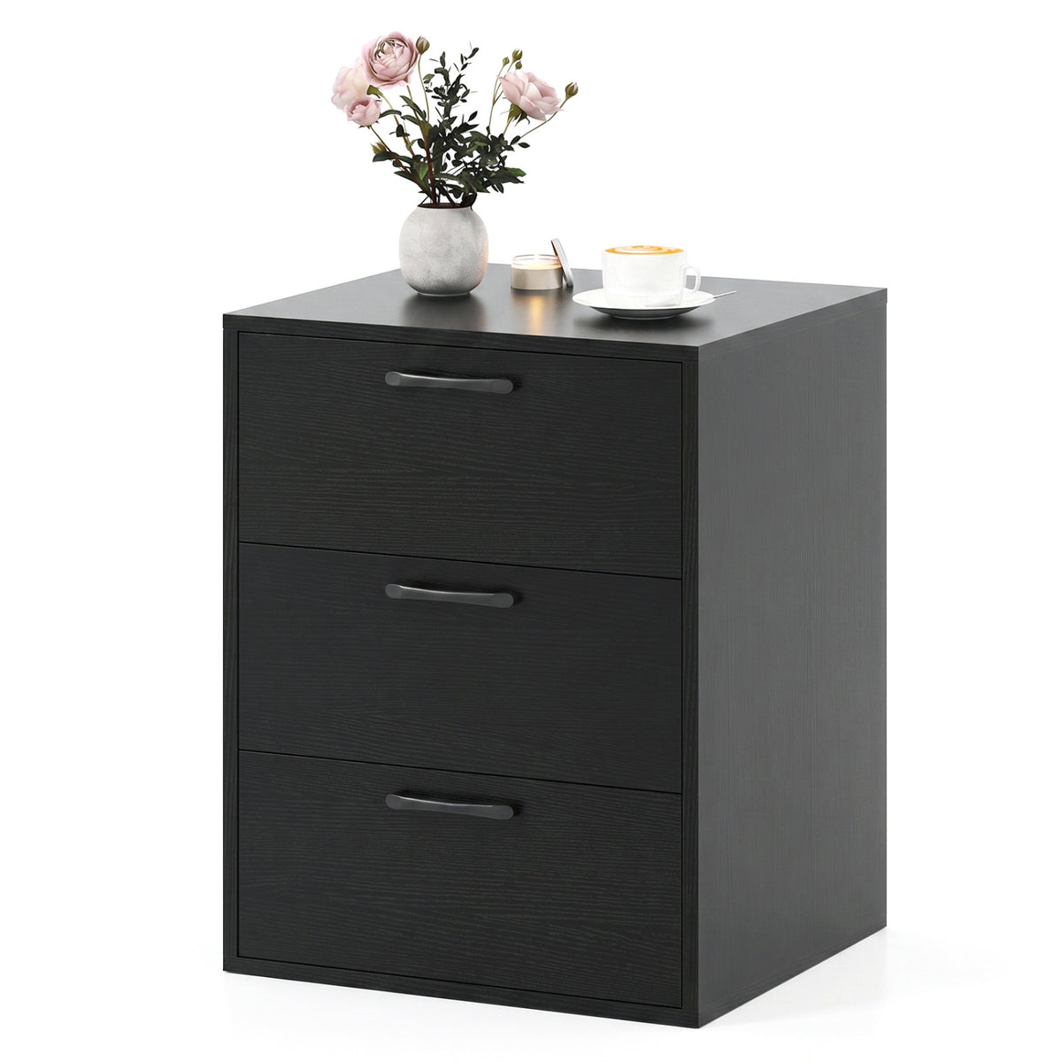 3 Drawer Nightstand with Wood Grain Finish and Storage for Living Room Bedroom Study-Black