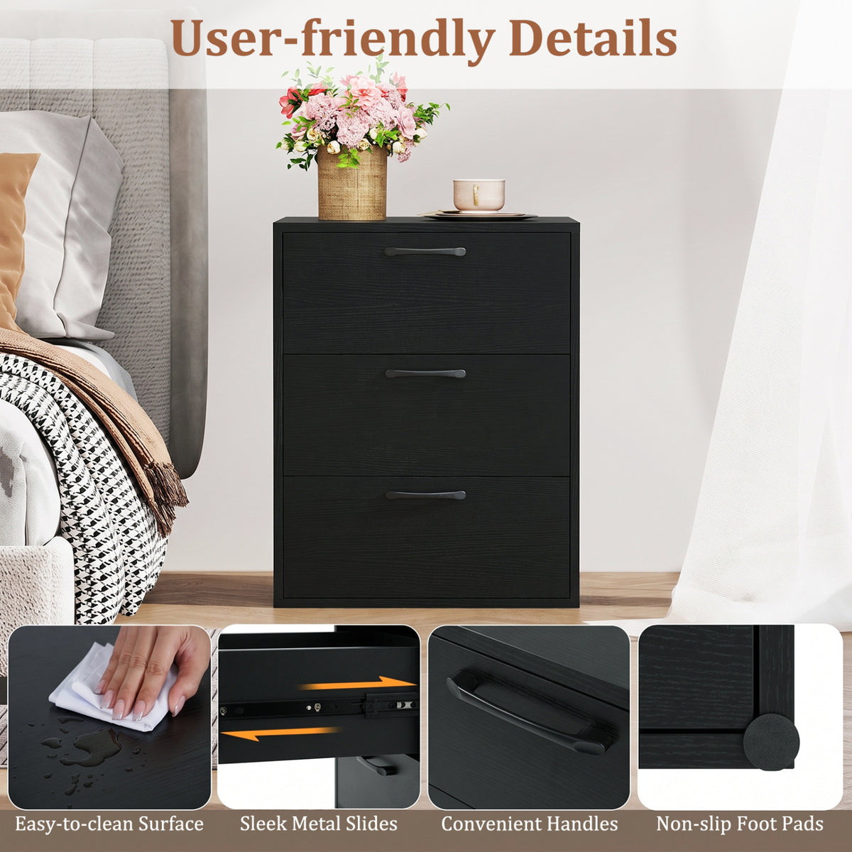 3 Drawer Nightstand with Wood Grain Finish and Storage for Living Room Bedroom Study-Black