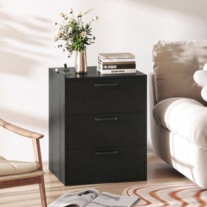 3 Drawer Nightstand with Wood Grain Finish and Storage for Living Room Bedroom Study-Black