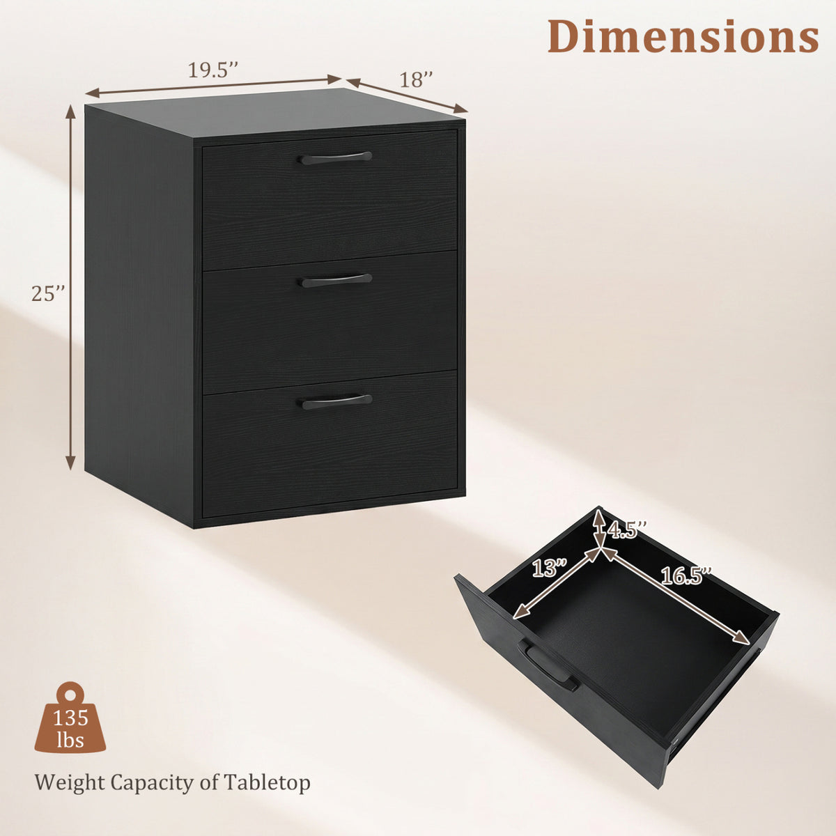 3 Drawer Nightstand with Wood Grain Finish and Storage for Living Room Bedroom Study-Black