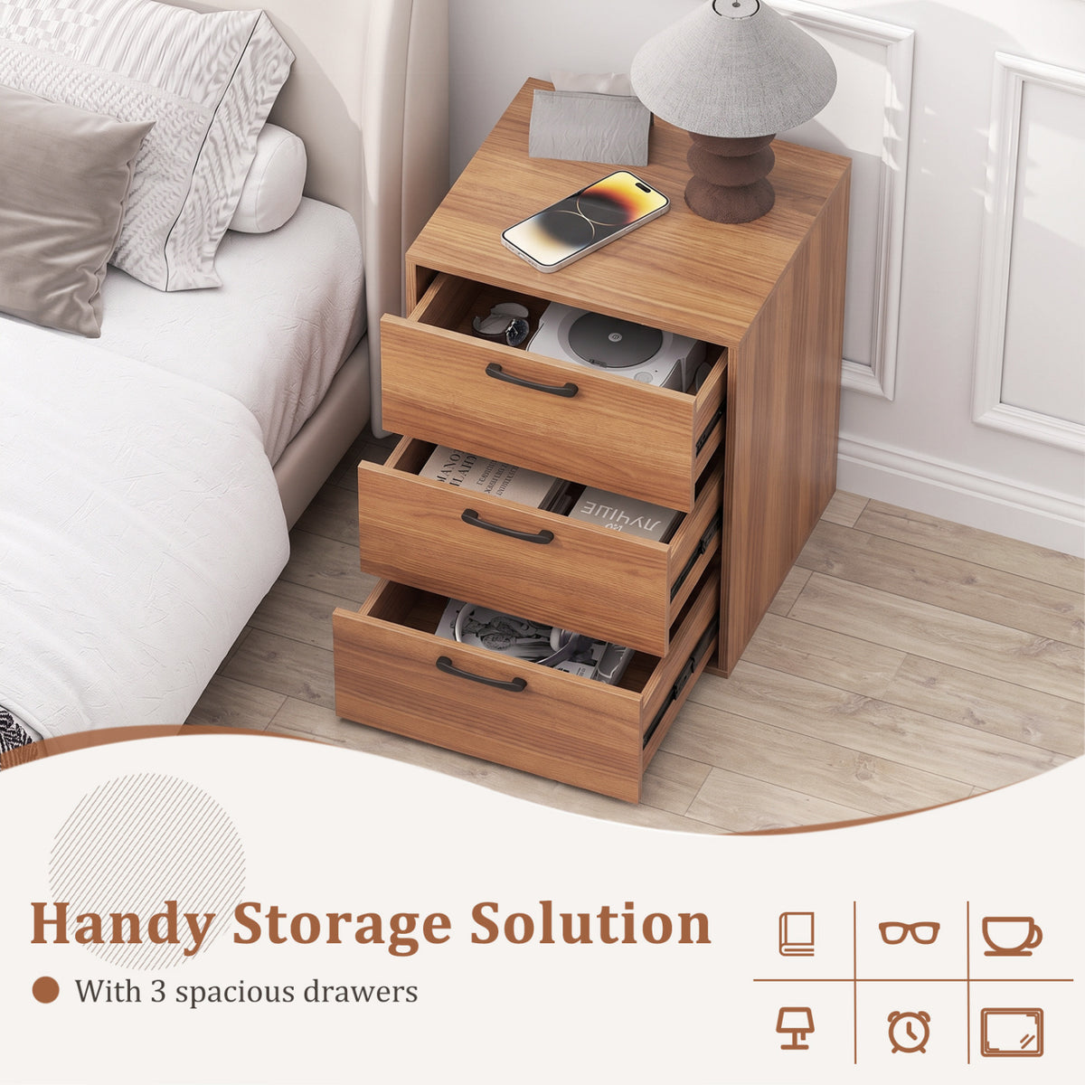3 Drawer Nightstand with Wood Grain Finish and Storage for Living Room Bedroom Study-Walnut