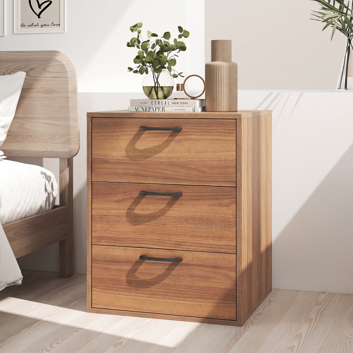 3 Drawer Nightstand with Wood Grain Finish and Storage for Living Room Bedroom Study-Walnut