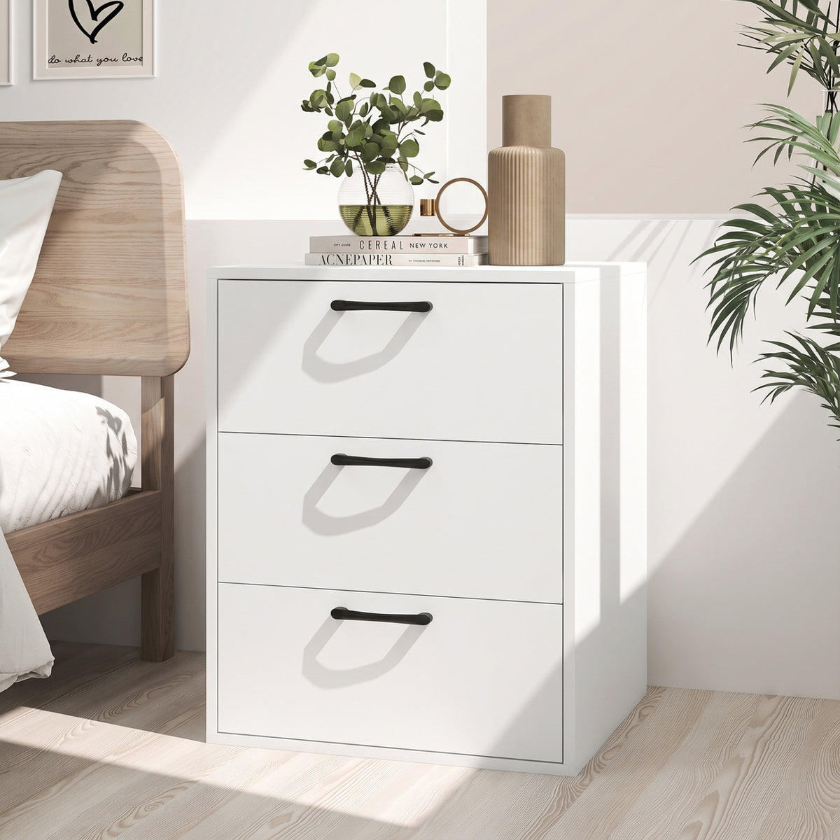 3 Drawer Nightstand with Wood Grain Finish and Storage for Living Room Bedroom Study-White