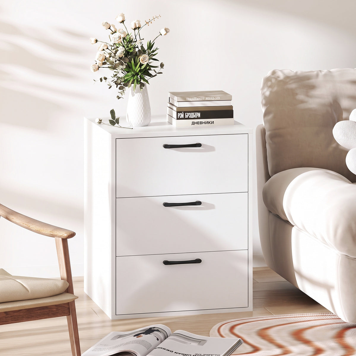 3 Drawer Nightstand with Wood Grain Finish and Storage for Living Room Bedroom Study-White