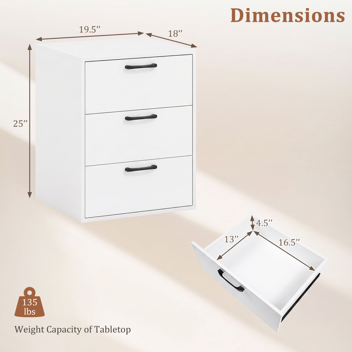 3 Drawer Nightstand with Wood Grain Finish and Storage for Living Room Bedroom Study-White