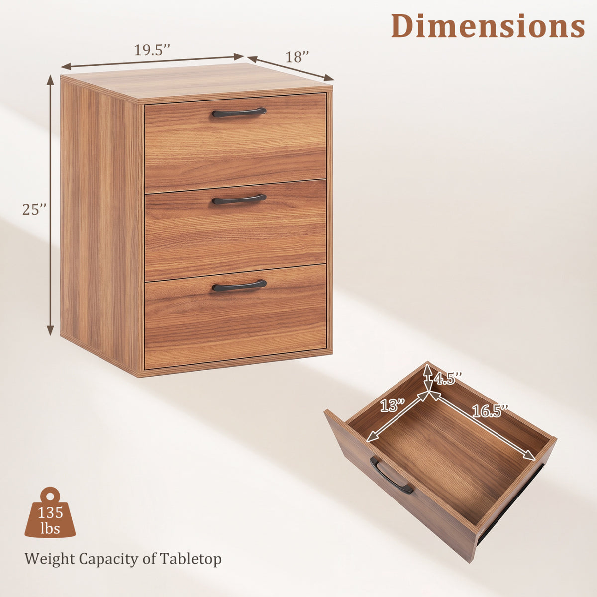 3 Drawer Nightstand with Wood Grain Finish and Storage for Living Room Bedroom Study-Walnut