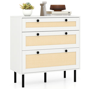 3-Drawer Rattan Nightstand Boho Chest of Drawers for Bedroom-White