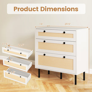 3-Drawer Rattan Nightstand Boho Chest of Drawers for Bedroom-White