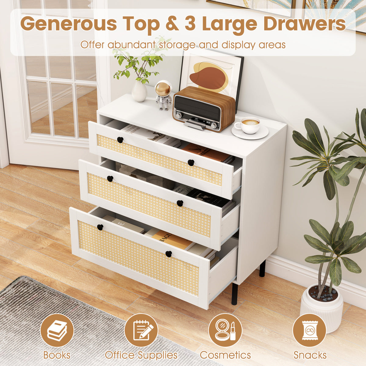 3-Drawer Rattan Nightstand Boho Chest of Drawers for Bedroom-White
