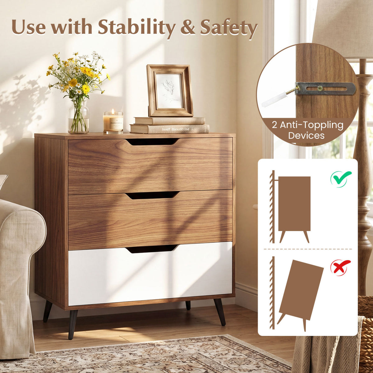 3-Drawer Rustic Farmhouse Wooden Storage Dresser-Walnut