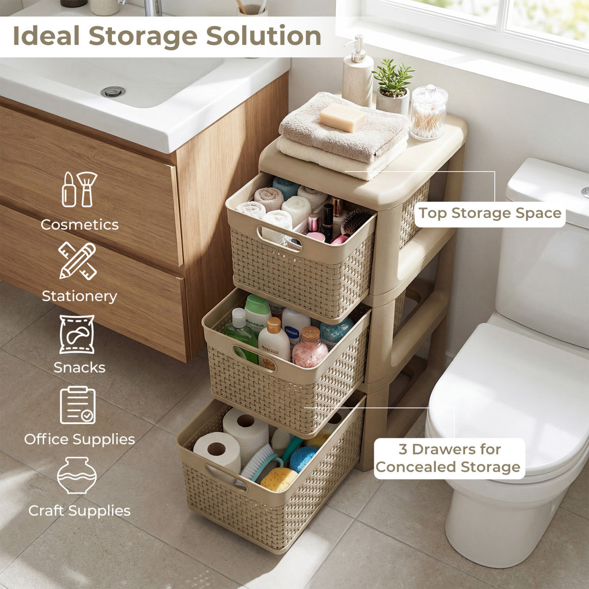 3-Drawer Storage Organizer with Wicker Patterns-Black