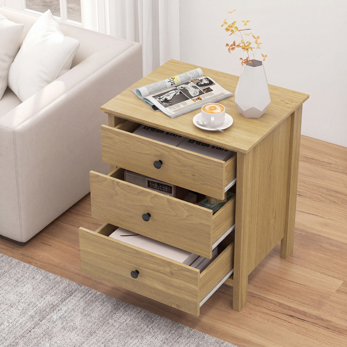3-Drawer Wooden Nightstand Modern Bedside Table-Natural