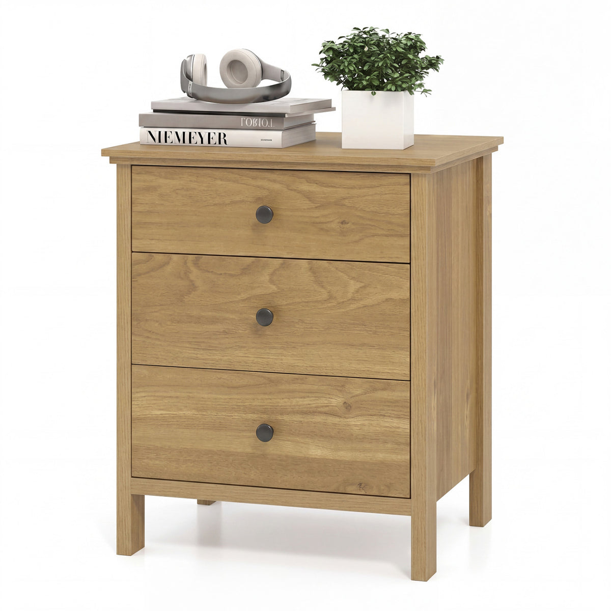 3-Drawer Wooden Nightstand Modern Bedside Table-Natural