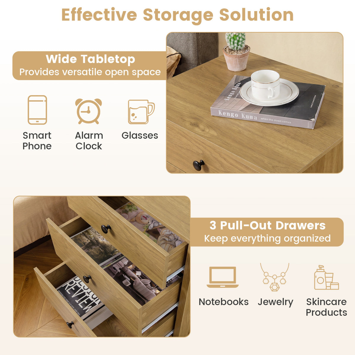 3-Drawer Wooden Nightstand Modern Bedside Table-Natural