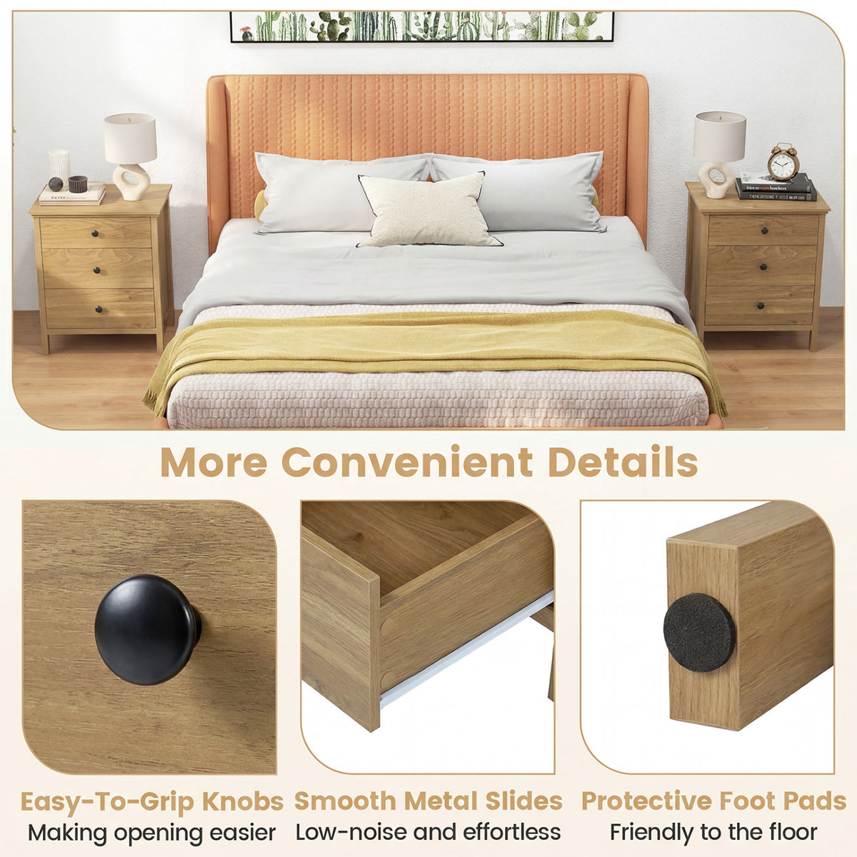 3-Drawer Wooden Nightstand Modern Bedside Table-Natural