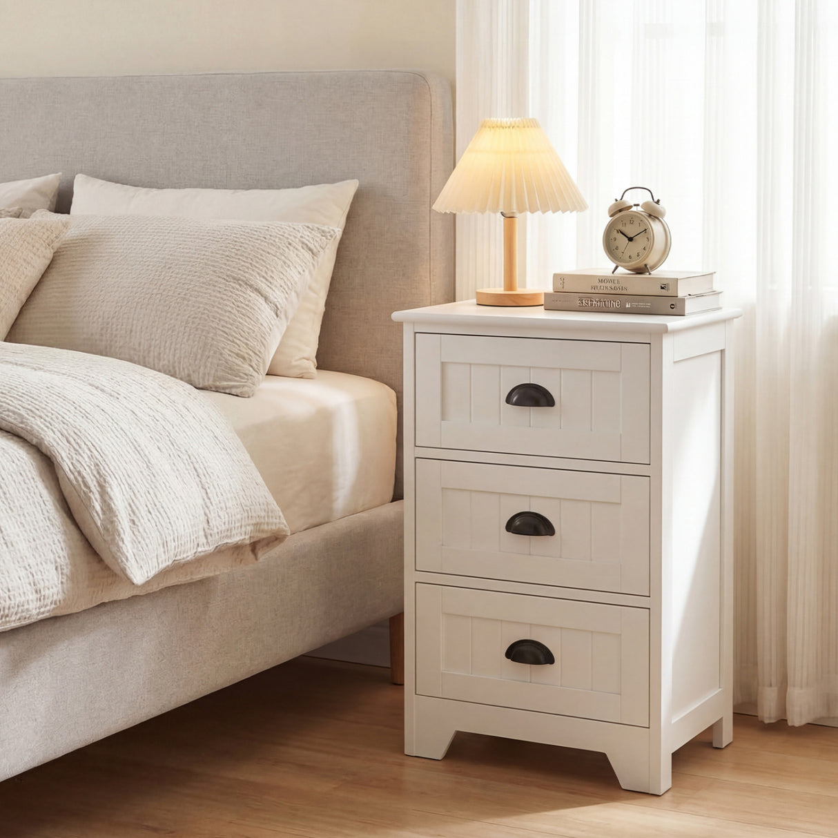 3 Drawers End Storage Wood Side Nightstand-Black