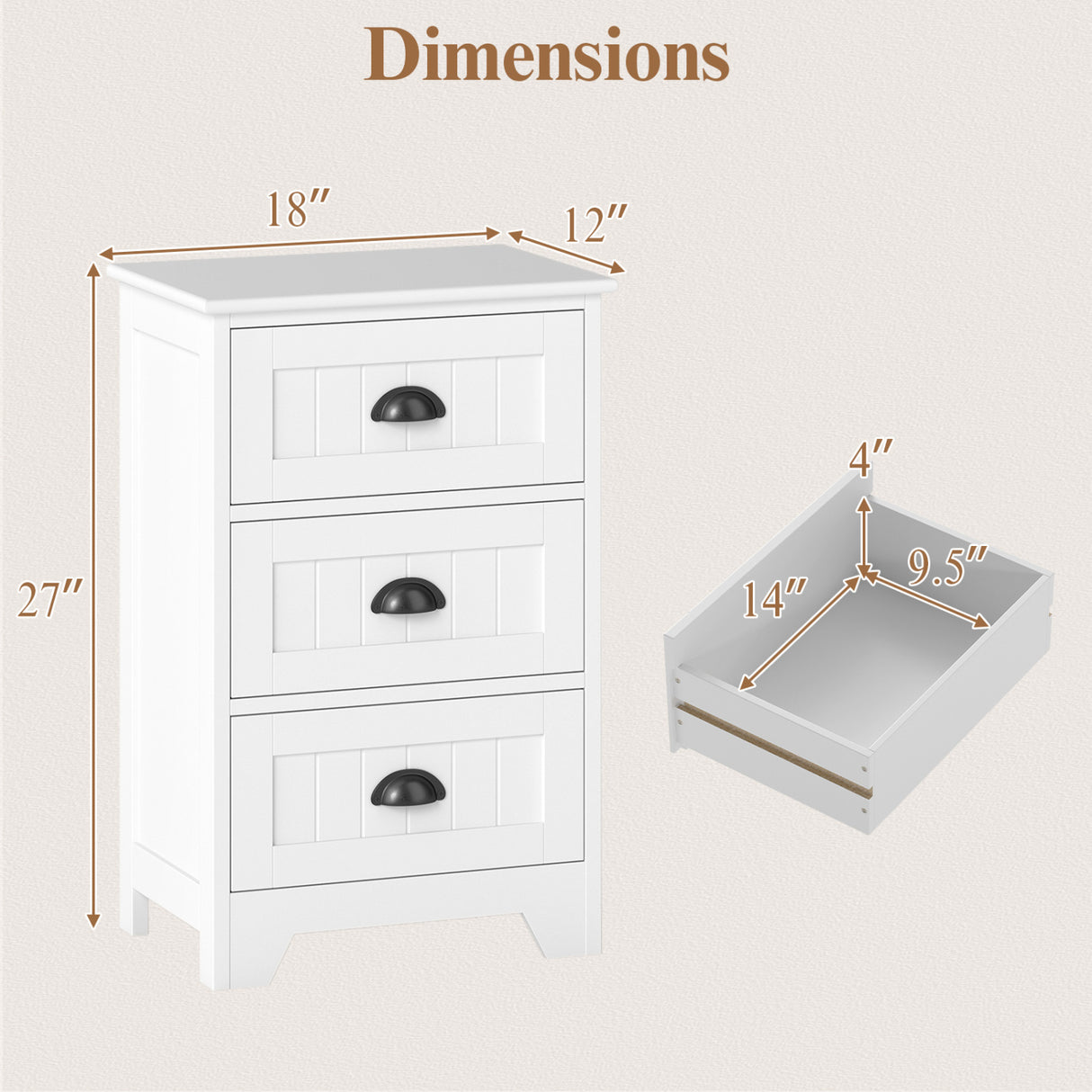 3 Drawers End Storage Wood Side Nightstand-Black