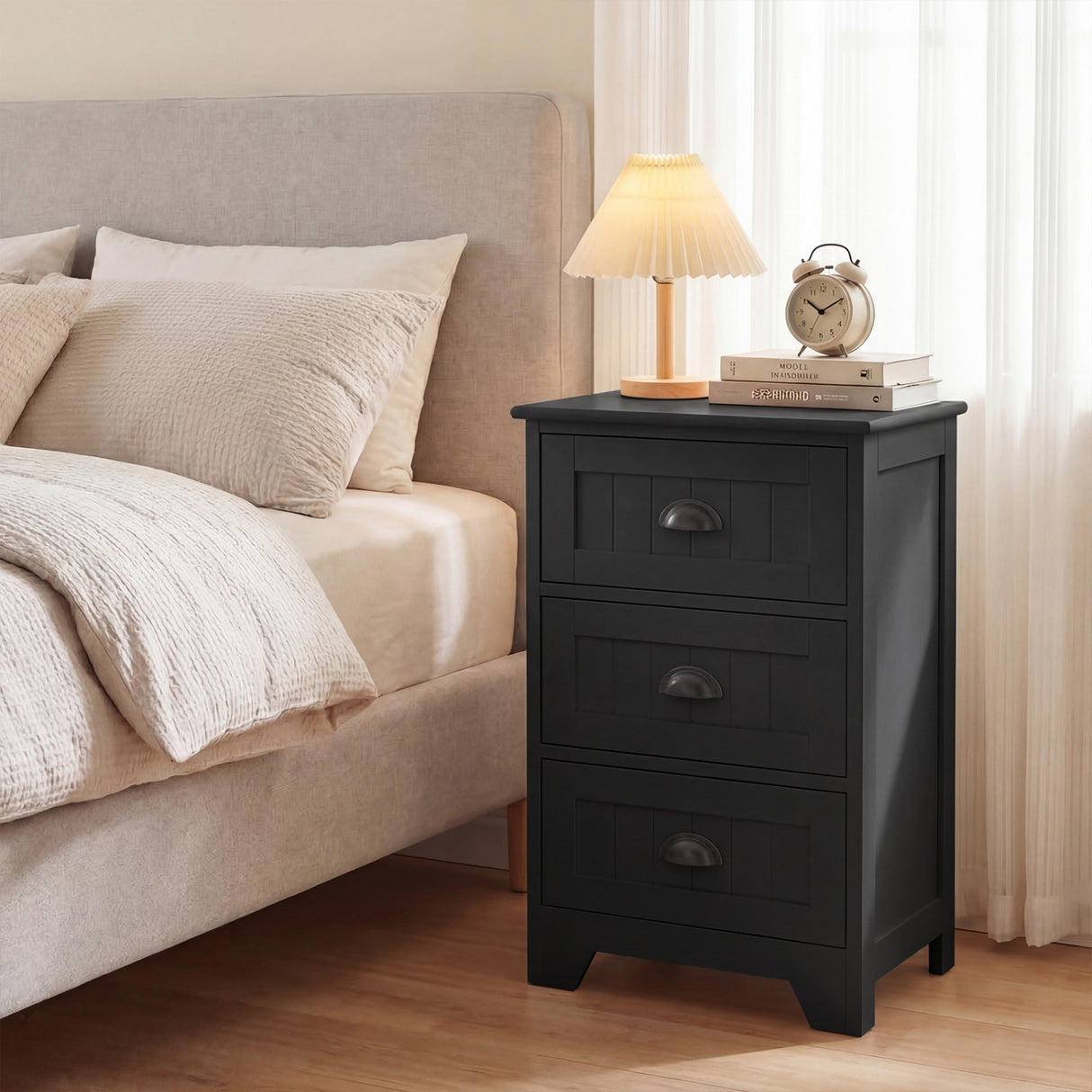 3 Drawers End Storage Wood Side Nightstand-Black