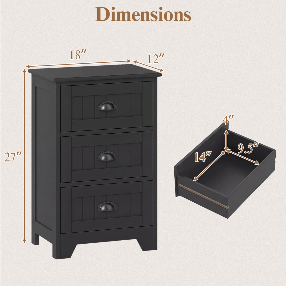 3 Drawers End Storage Wood Side Nightstand-Black