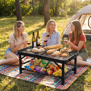 3-Height Folding Picnic Table with Large Storage Net and Handle-Black