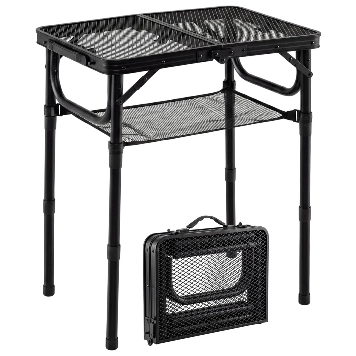 3-Height Folding Picnic Table with Large Storage Net and Handle-Black