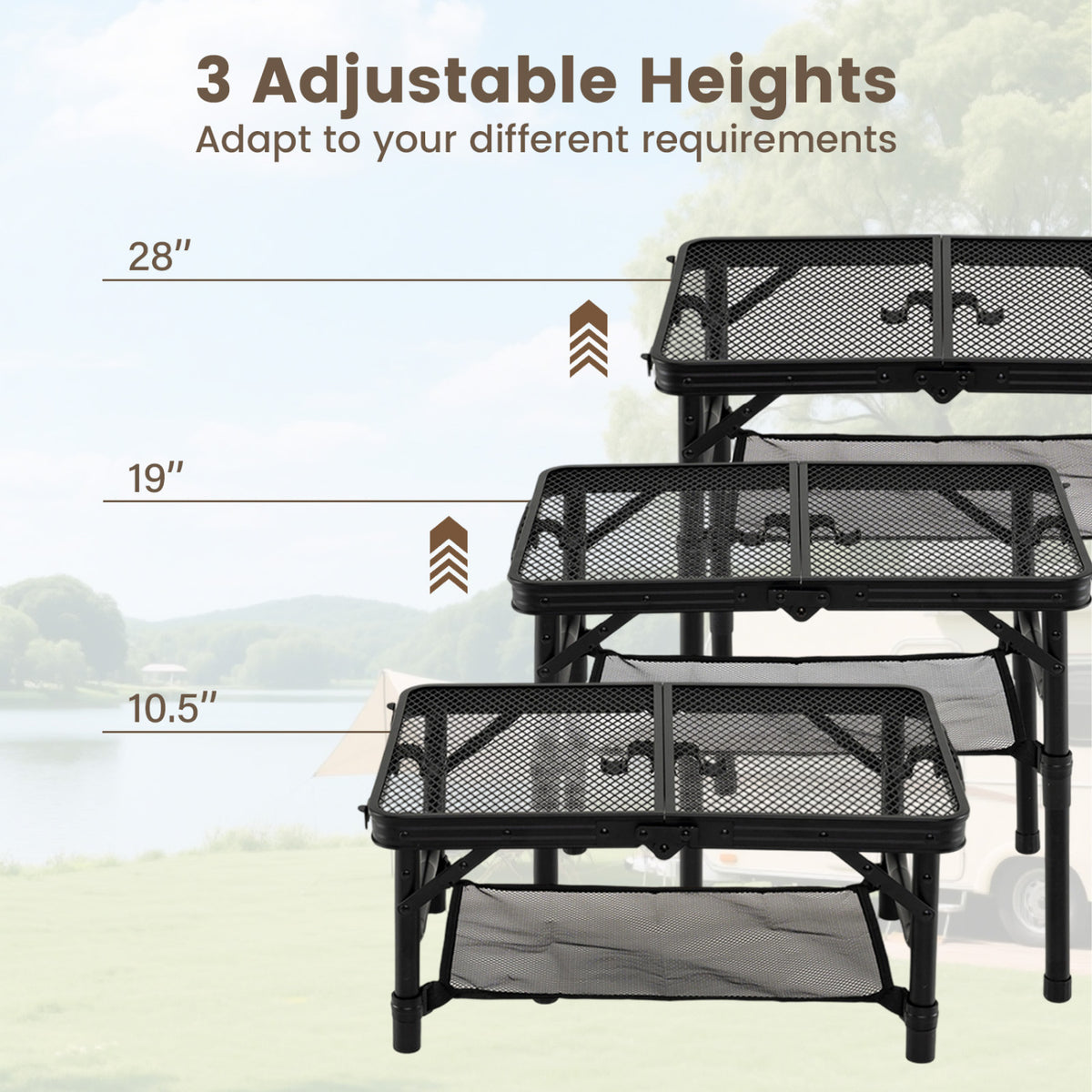 3-Height Folding Picnic Table with Large Storage Net and Handle-Black