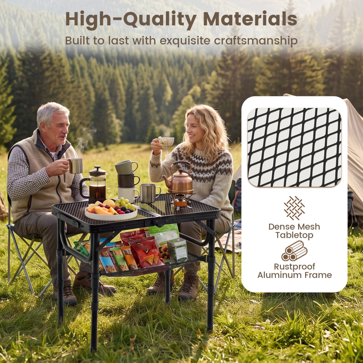3-Height Folding Picnic Table with Large Storage Net and Handle-Black