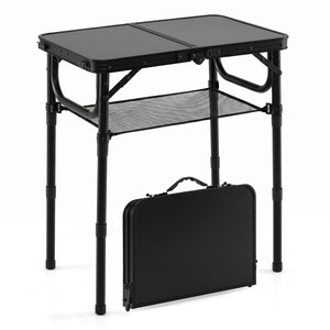 3-Height Folding Camping Table with Large Storage Net & Handle-Black