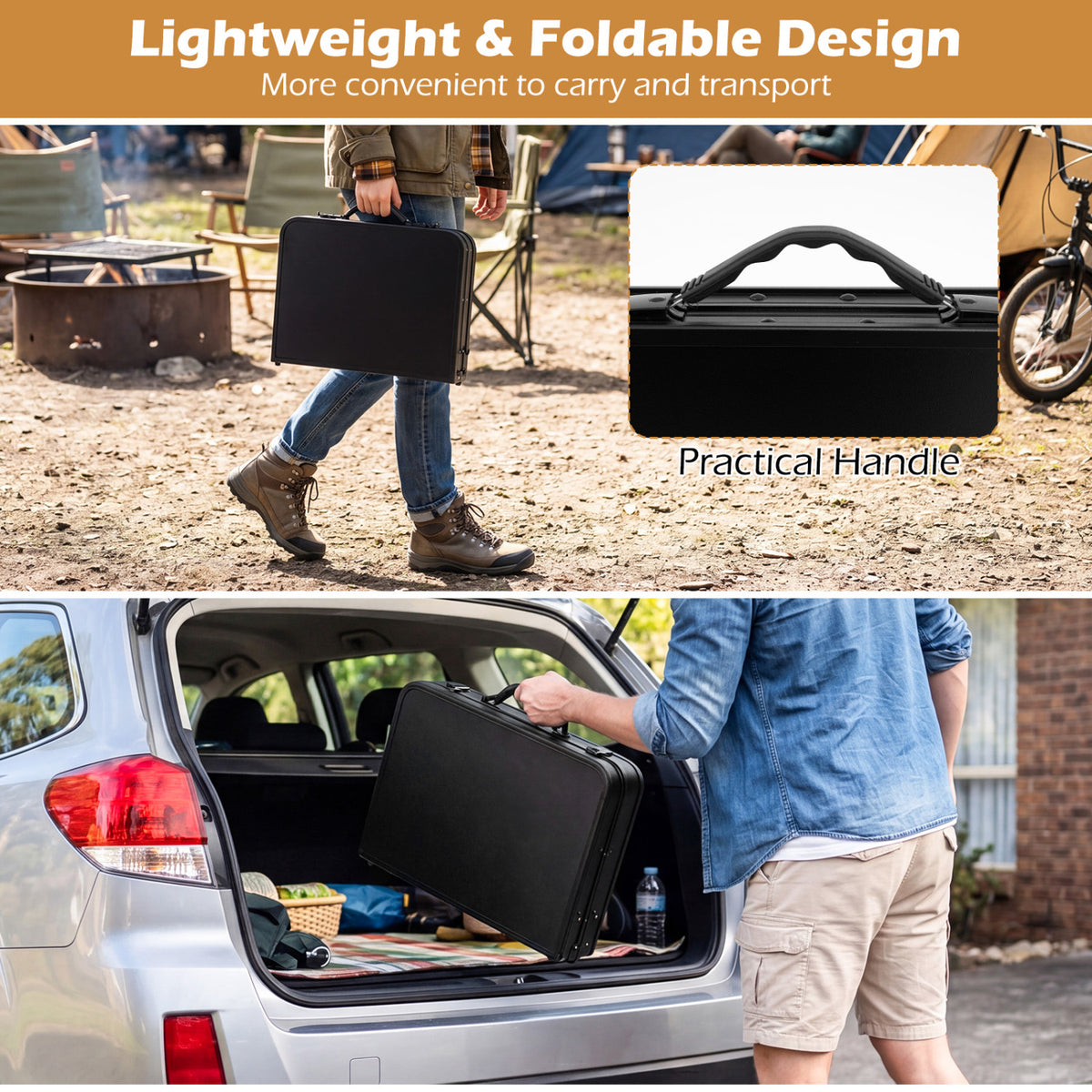3-Height Folding Camping Table with Large Storage Net & Handle-Black