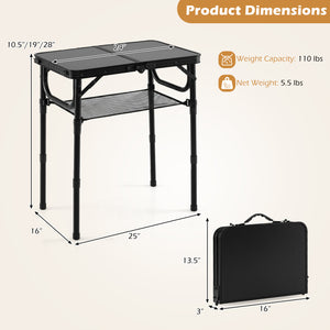 3-Height Folding Camping Table with Large Storage Net & Handle-Black