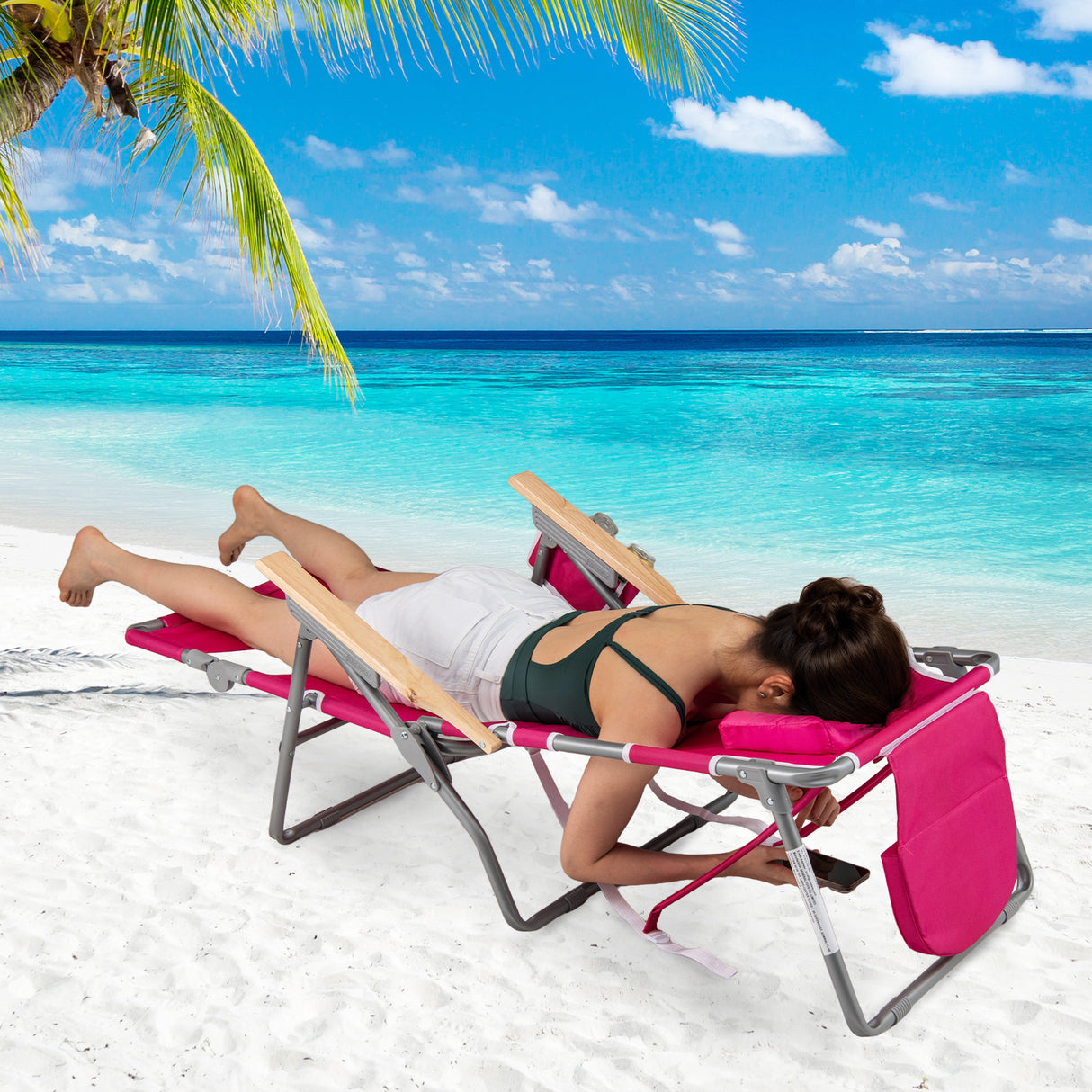3-IN-1 Foldable Beach Chair with Footrest and Adjustable Backrest-Peach