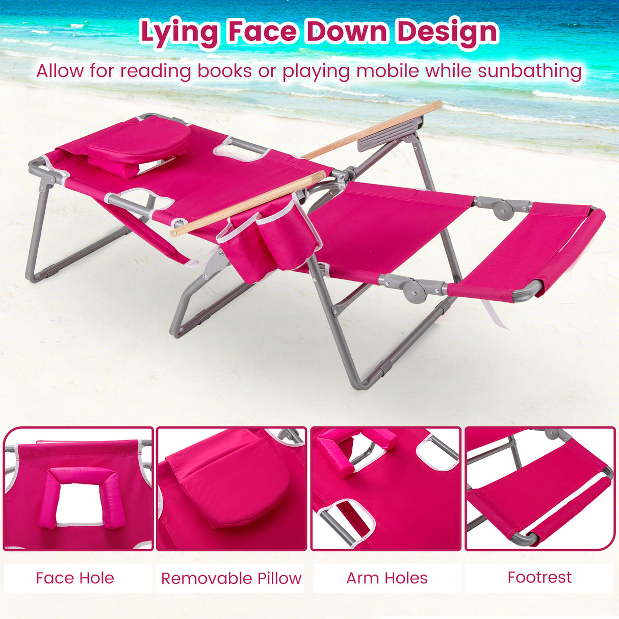 3-IN-1 Foldable Beach Chair with Footrest and Adjustable Backrest-Peach