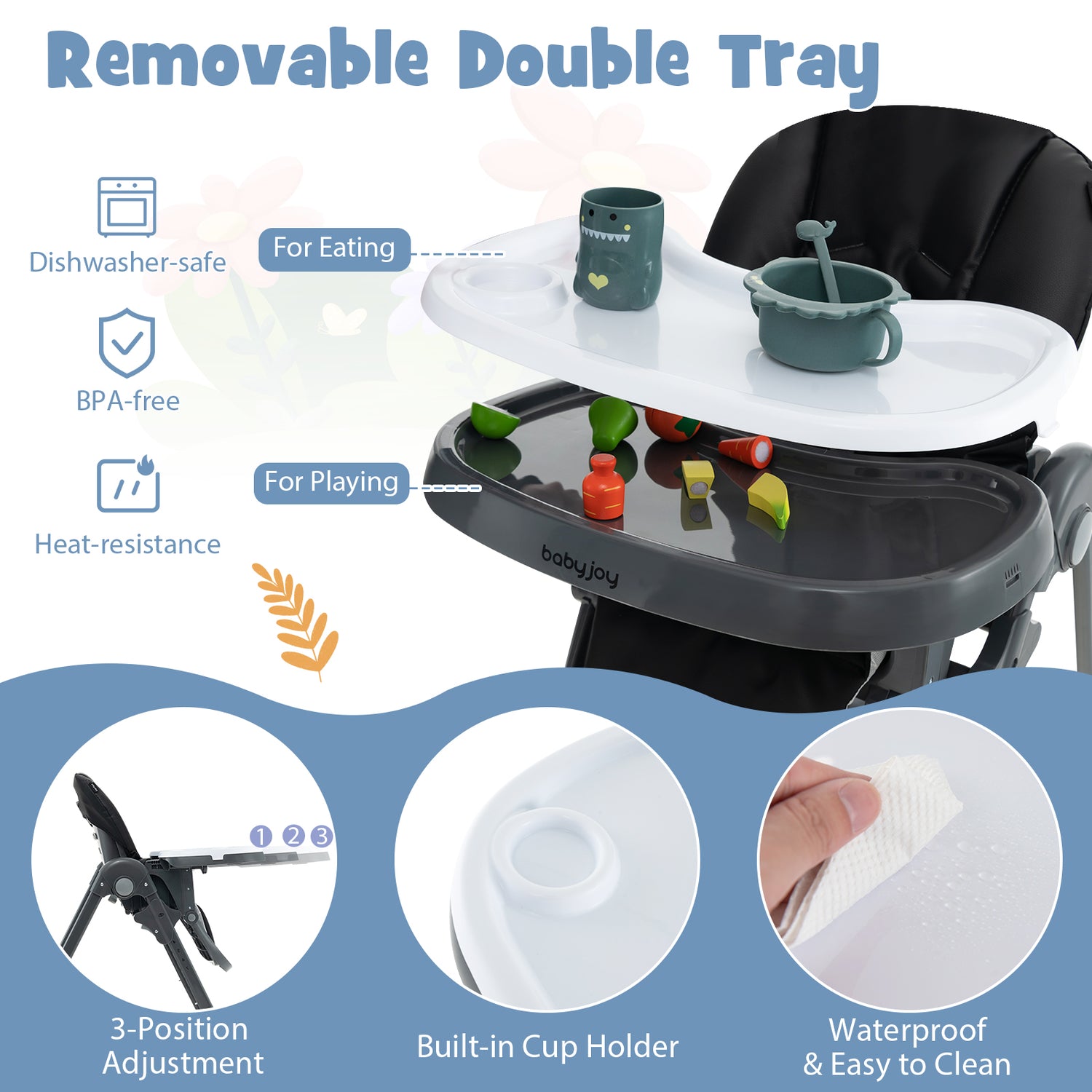 3-In-1 Convertible Baby High Chair for Toddlers-Black