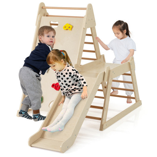 3-In 1 Jungle Gym Indoor Playground with Extended Slide for Toddlers-Natural