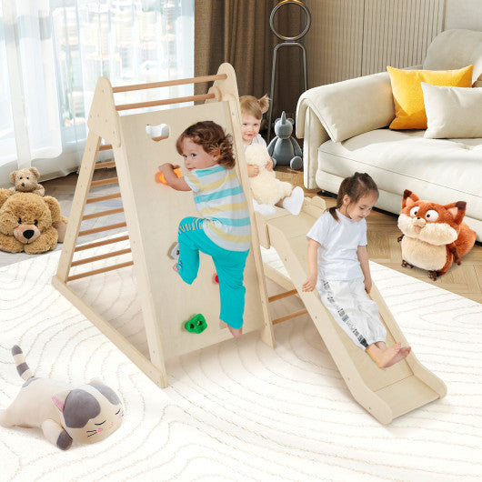 3-In 1 Jungle Gym Indoor Playground with Extended Slide for Toddlers-Natural