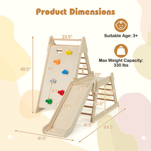 3-In 1 Jungle Gym Indoor Playground with Extended Slide for Toddlers-Natural